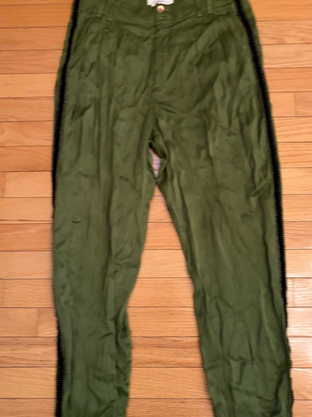 Women’s Olive Green dressy silky Pants with Side Stripe black gold